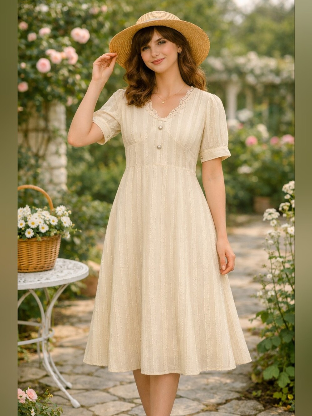 Vintage Textured Cream Lace-Trim Midi Dress